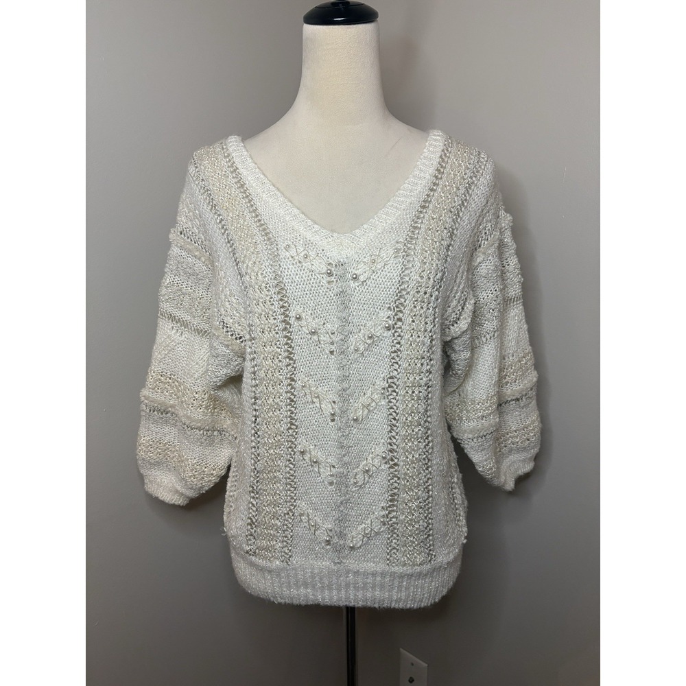 VTG Beldoch Popper 80s Sweater Ivory V-Neck Embroidered Beaded 3/4 Sleeve Small